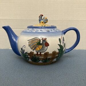 Blue Rooster Teapot with Spout Strainer - Whimsical Fun Rooster Decor